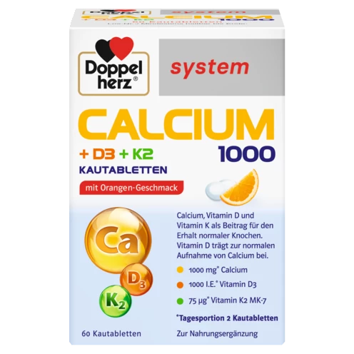 Abbildung der Produktverpackung Doppelherz system CALCIUM 1000 + D3 + K2 Frontansicht